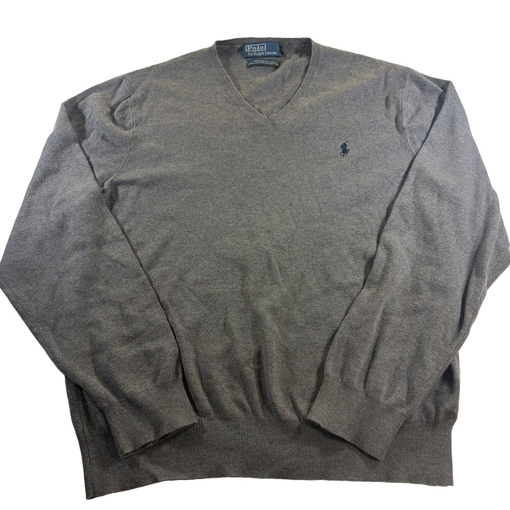 Polo Ralph Lauren Pima Cotton Sweater Mens XL Gray V-Neck Pullover MSW104